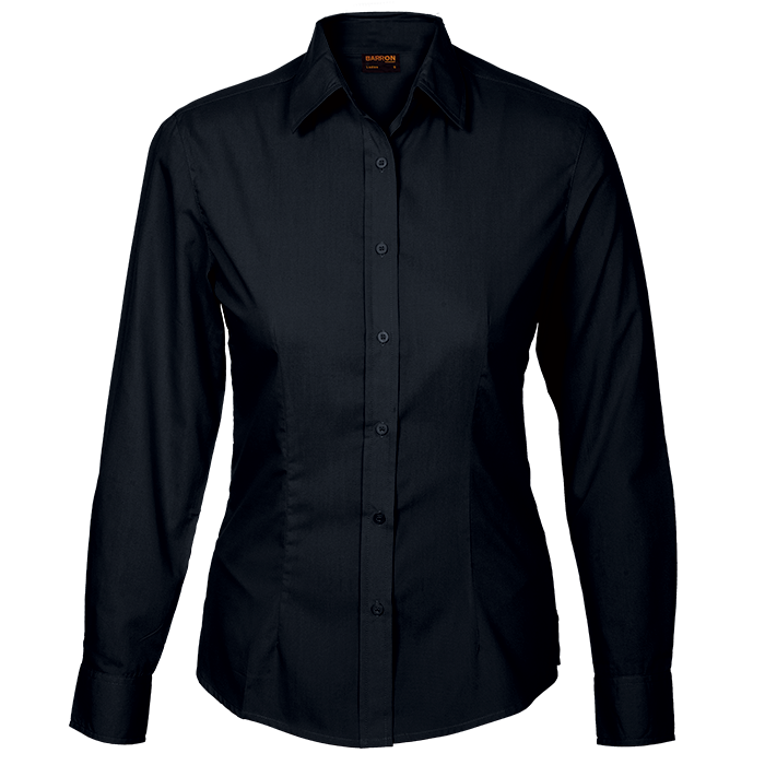 Womens long-sleeve button-front blouse, black, pointed collar and chest placket