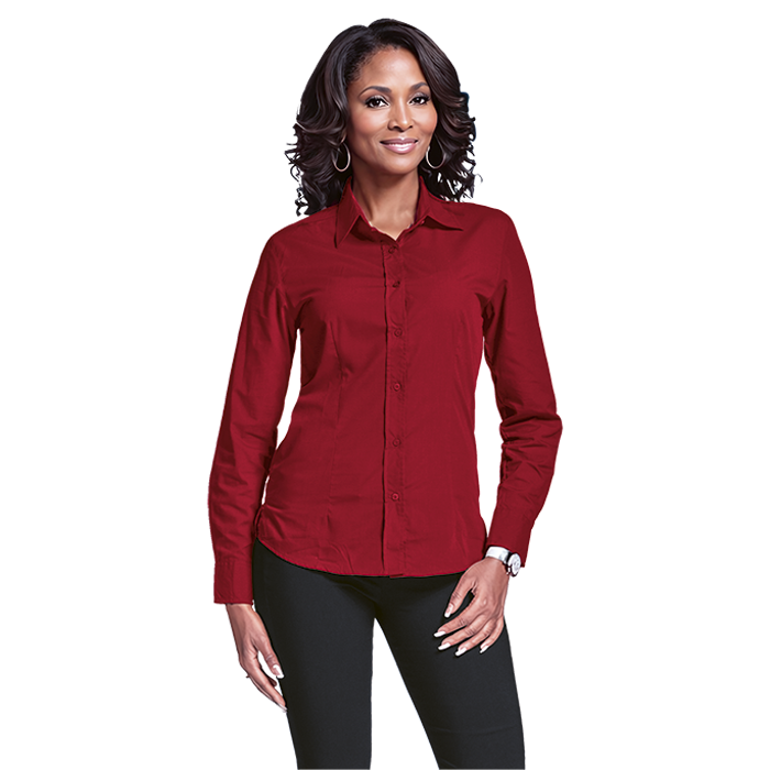Womens long-sleeve button-front blouse, dark red, pointed collar and chest placket