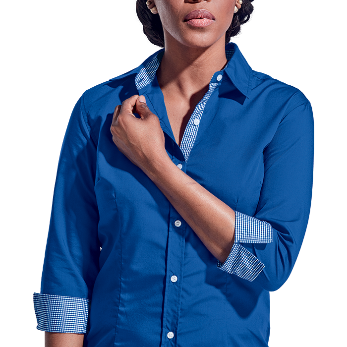 Royal blue ladies blouse with button-down front and gingham cuff sleeves