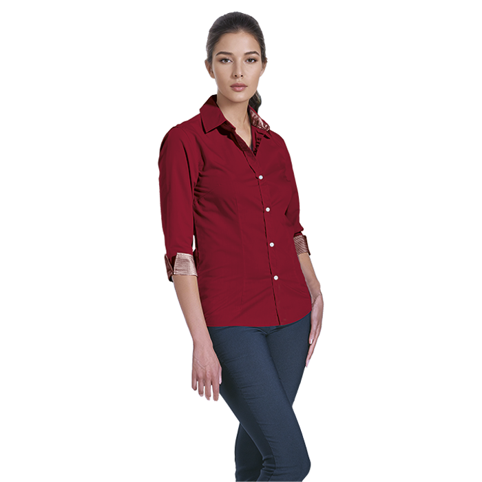 Red ladies blouse with button-down front, point collar, and gingham button cuffs