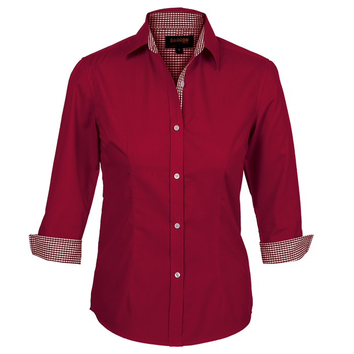 Red women’s button-up blouse with point collar and gingham cuff trim