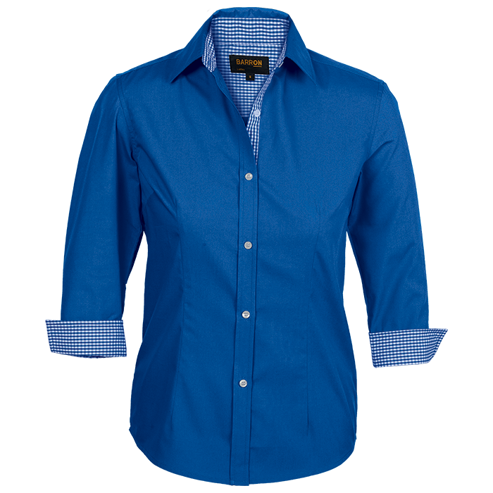 Royal blue button-up blouse with point collar and gingham trim on button cuffs