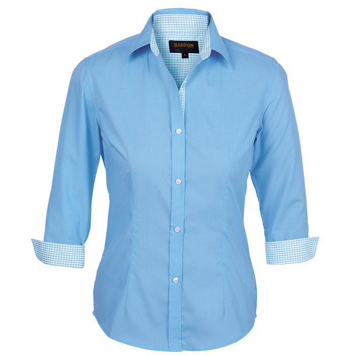 Light blue button-up blouse with point collar and gingham cuff trim