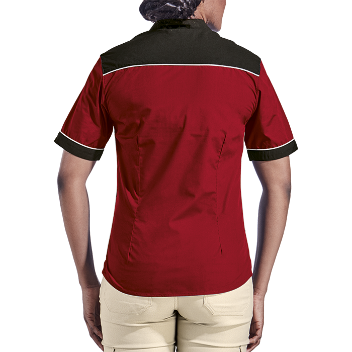 Ladies racing pit shirt, red with black trim and contrast collar, short-sleeve button-up.