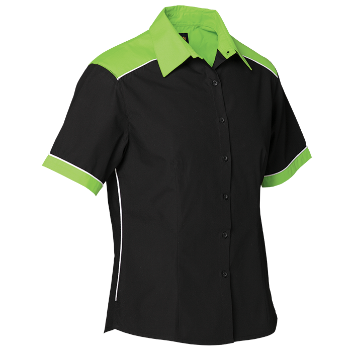 Ladies racing pit shirt with black body and neon lime collar, short-sleeve button-up.