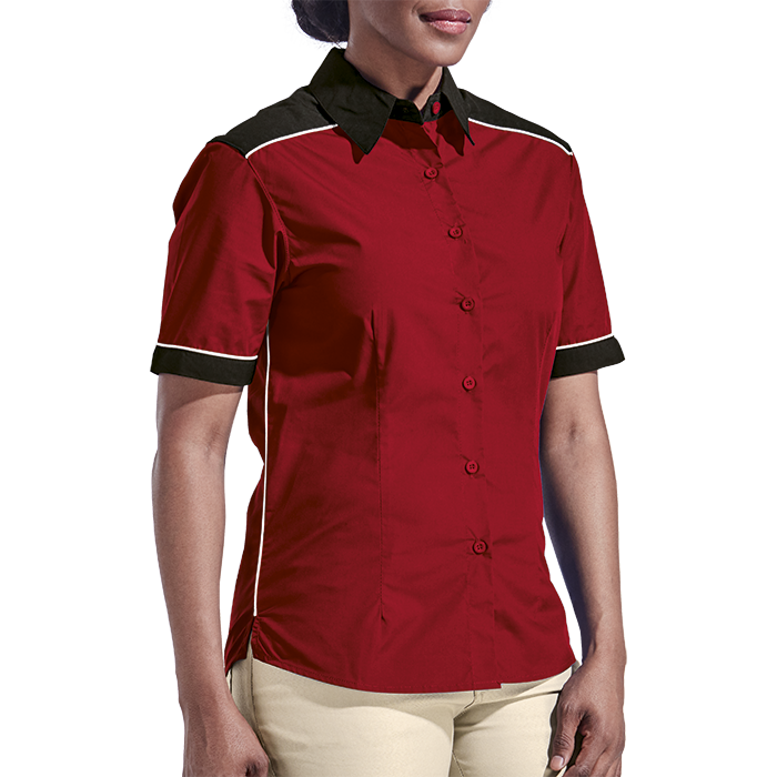 Ladies racing pit shirt, red body with black collar and white piping, short-sleeve button-up.