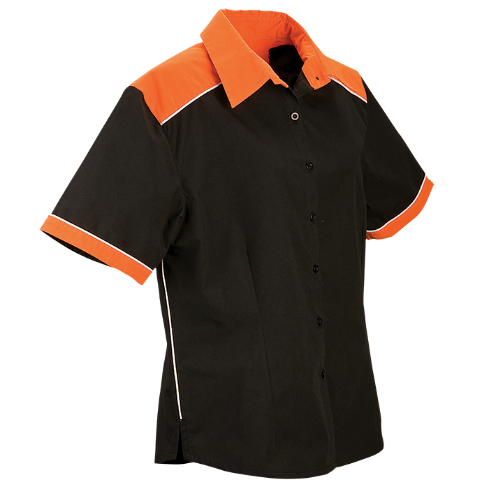 Ladies racing pit shirt, black body with orange collar and sleeves, short-sleeve button-up.