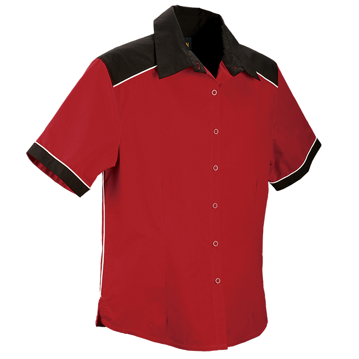 Ladies racing pit shirt in red with black collar and white piping, short-sleeve button-up.