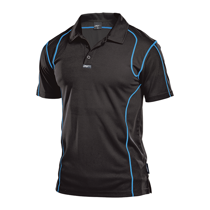 Black short-sleeve polo shirt with blue piping and buttoned collar