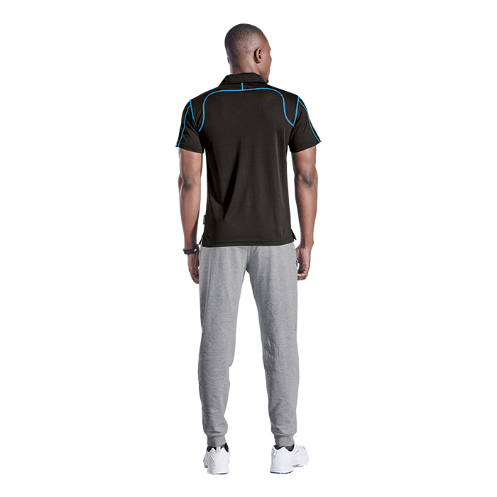 Back view black golf polo with blue contrast piping along shoulders and sides