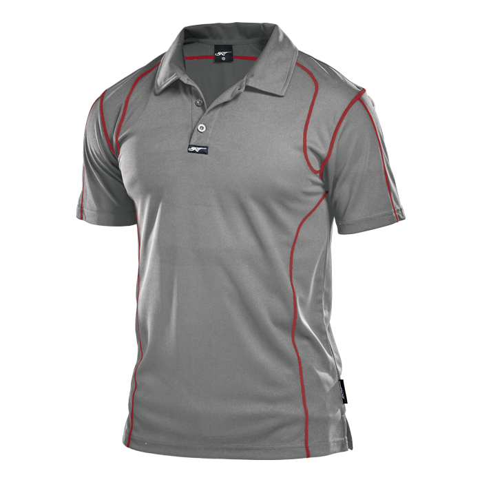 Grey short-sleeve polo shirt with red piping and buttoned collar