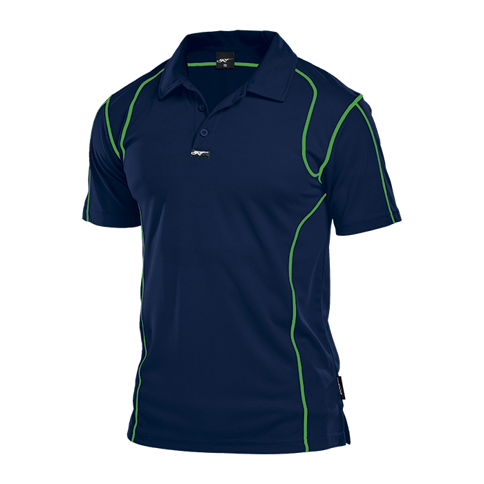 Navy short-sleeve polo shirt with lime piping and buttoned collar
