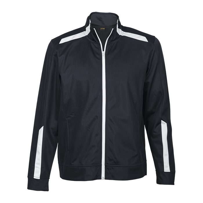 Men's zip-up traction jacket in black with white contrast panels and stand collar
