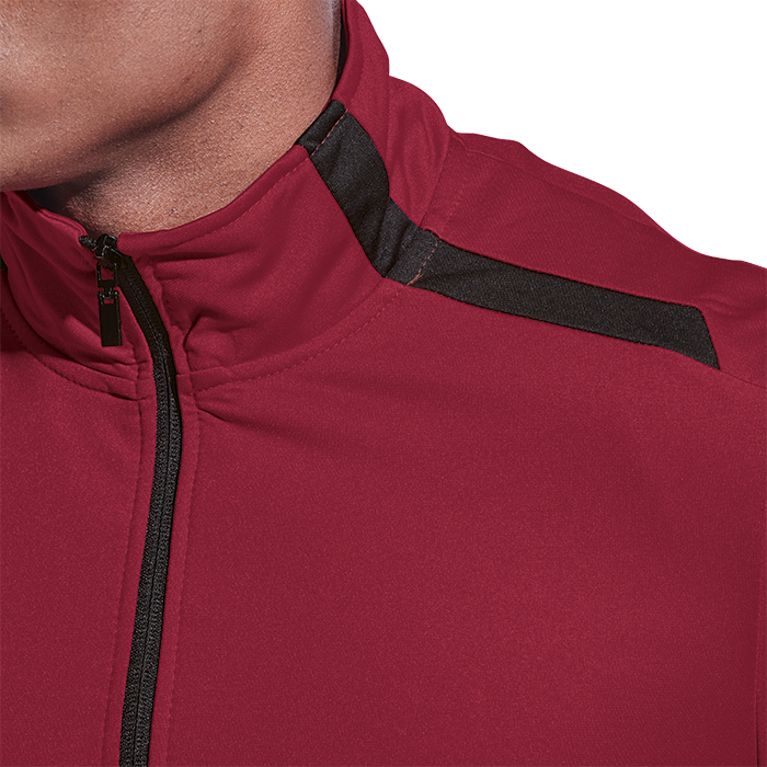 Men's traction jacket zipper and collar in deep red with black trim