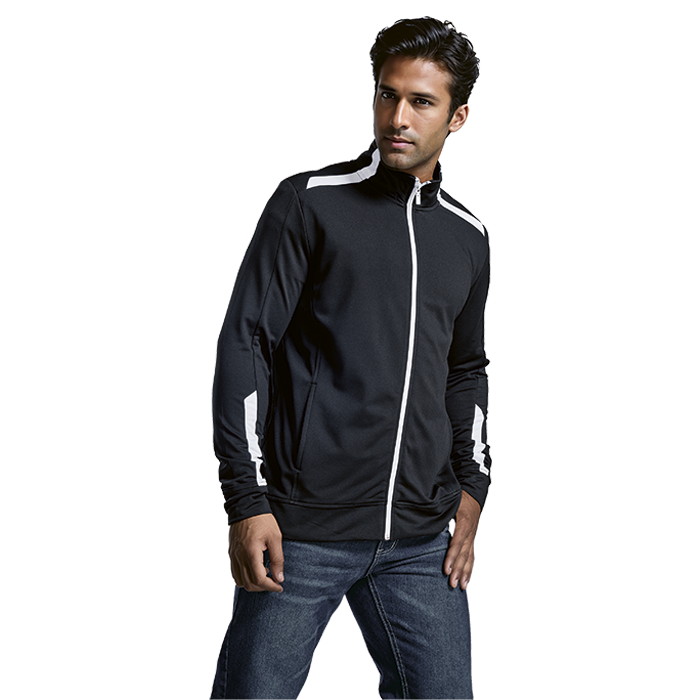 Men's traction jacket in black with white stripe accents, zip front and stand collar