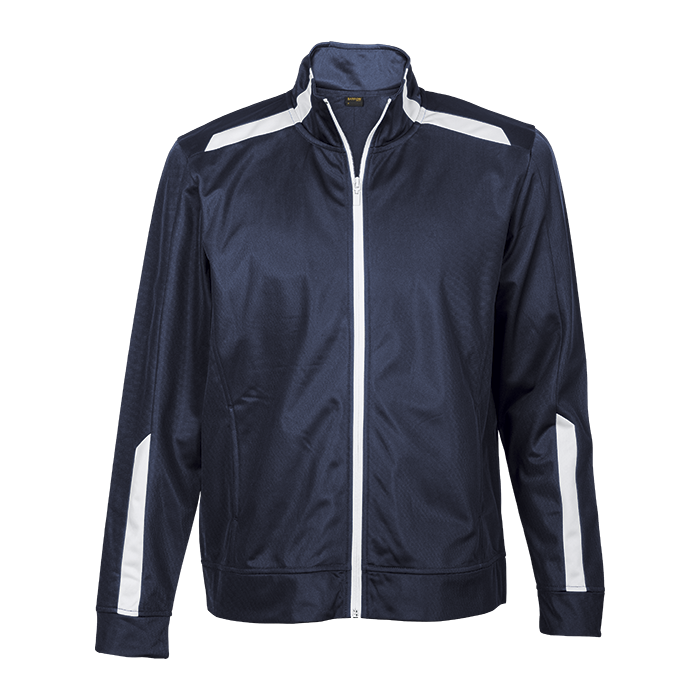 Men's zip-up traction jacket in navy with white contrast panels and stand collar