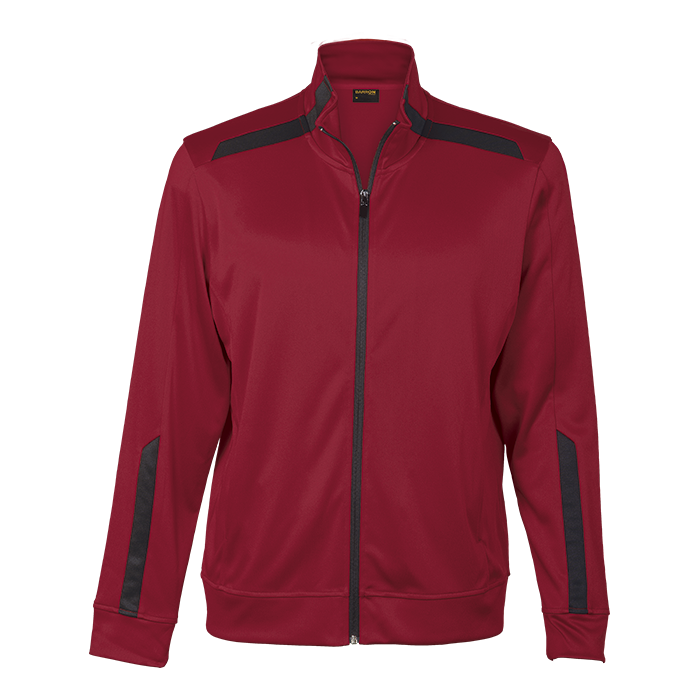 Men's zip-up traction jacket in red with black contrast stripe panels