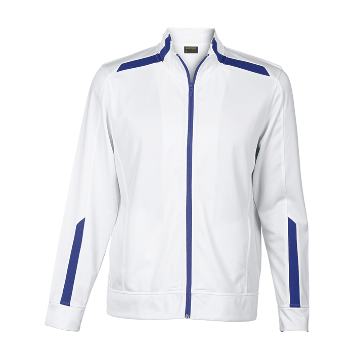 Men's traction jacket in white with royal blue stripe accents and zip front