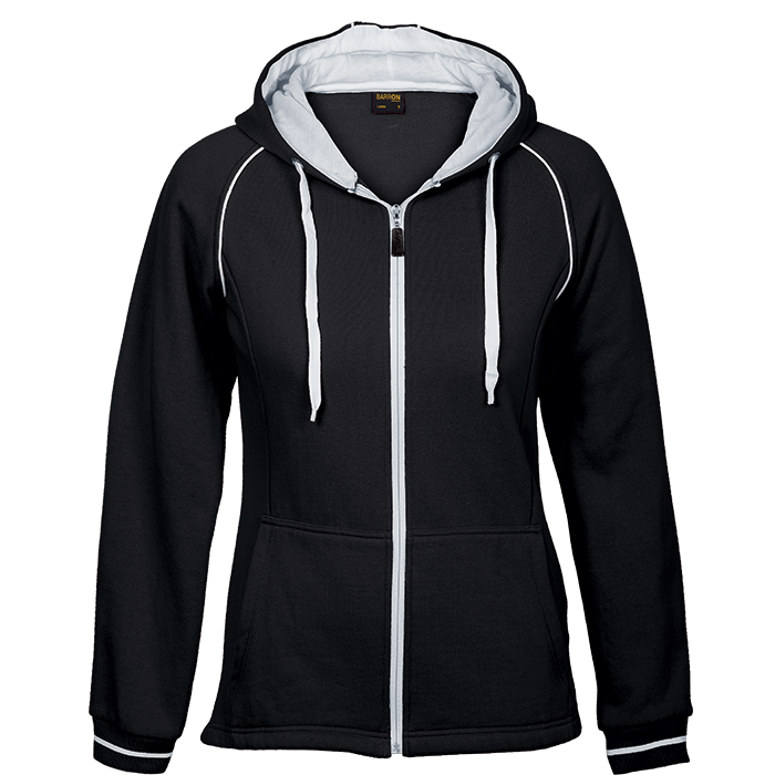 Black ladies zip hoodie with white drawstrings, contrast stripe, and front pockets