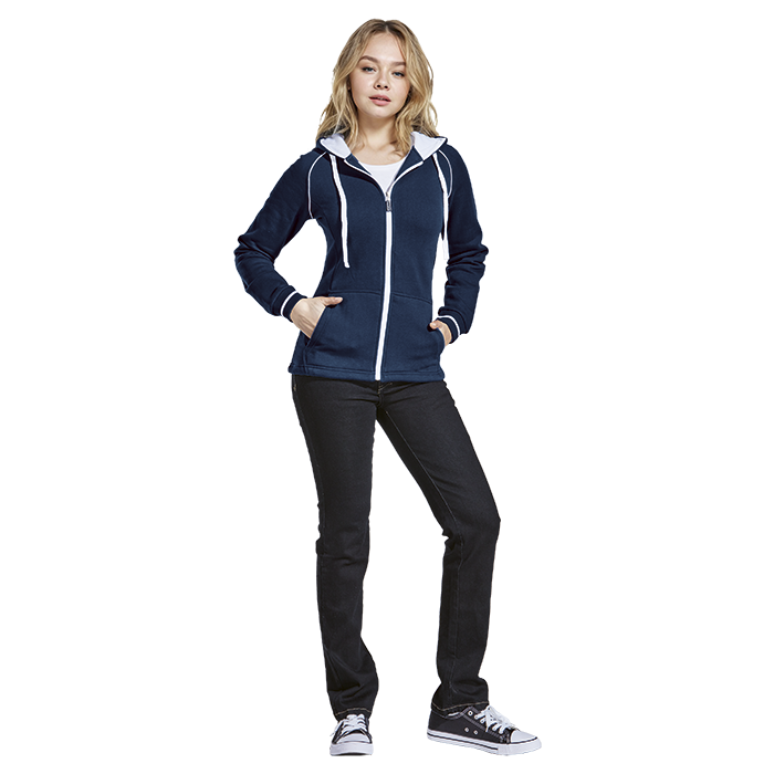 Navy ladies zip hoodie with white drawstrings, contrast piping, and front pockets