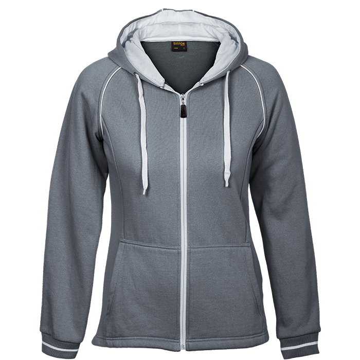 Grey ladies zip hoodie with white drawstrings, contrast stripe, and front pockets