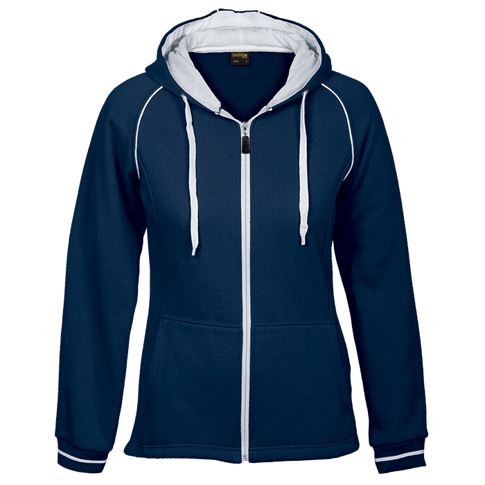 Royal blue ladies zip hoodie with white drawstrings, contrast piping, and front pockets