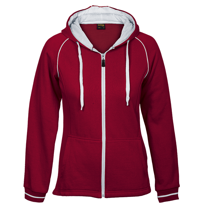 Red ladies zip hoodie with white drawstrings, contrast stripe, and front pockets