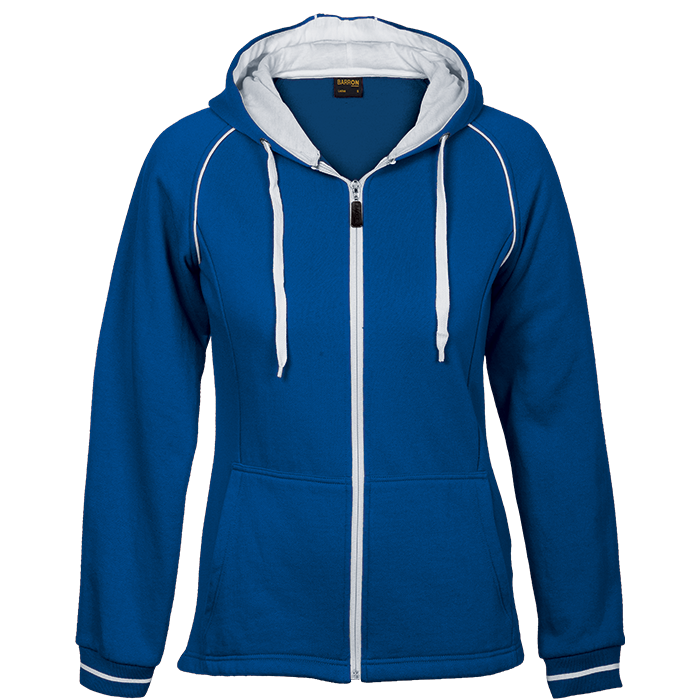 Royal blue ladies zip hoodie with white drawstrings, contrast piping, and front pockets