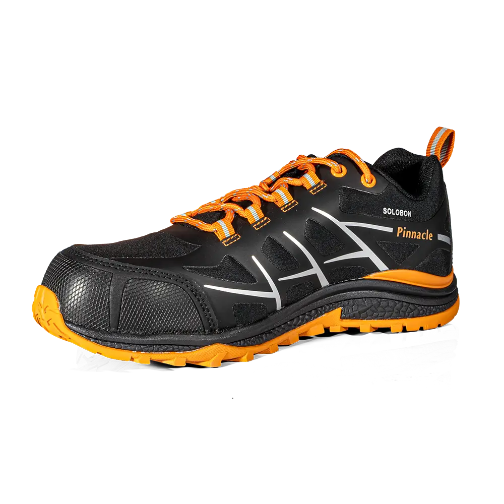 Black and orange safety sport shoes with textured panels, lace-up, and orange outsole