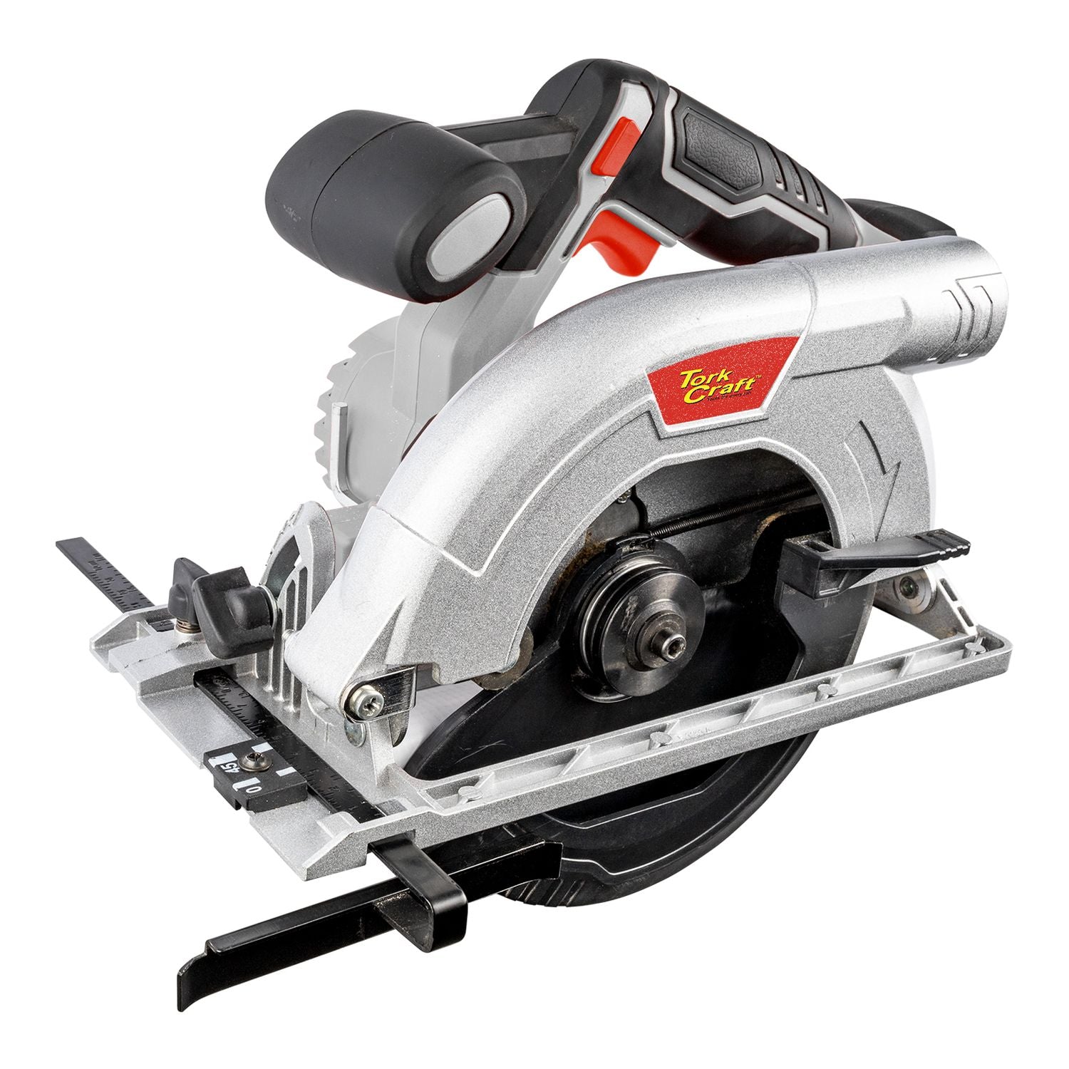 Cordless circular saw with 165mm blade, silver base, black handle, red accents