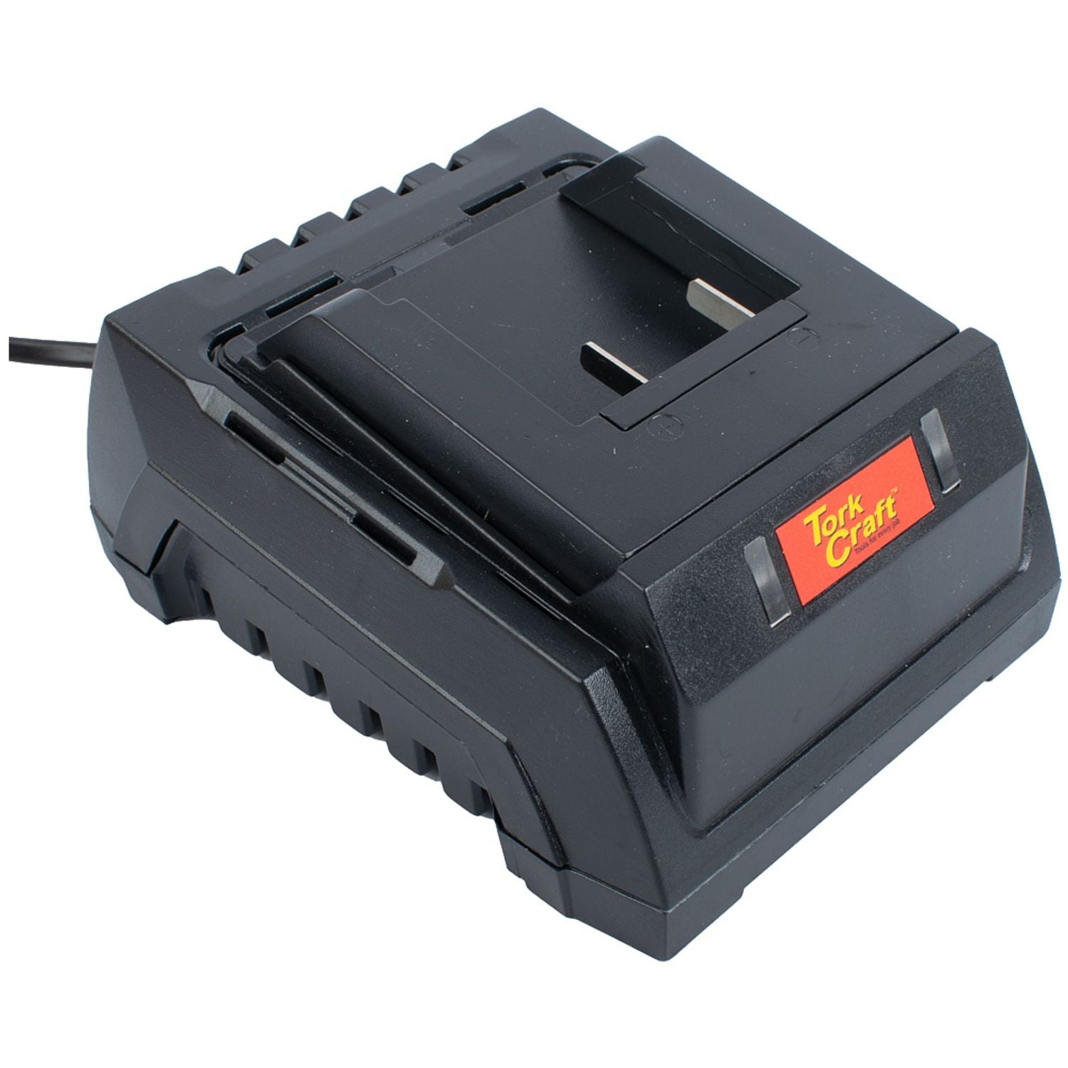 Battery charger with Tork Craft logo, 20V charging bays and indicator light, black