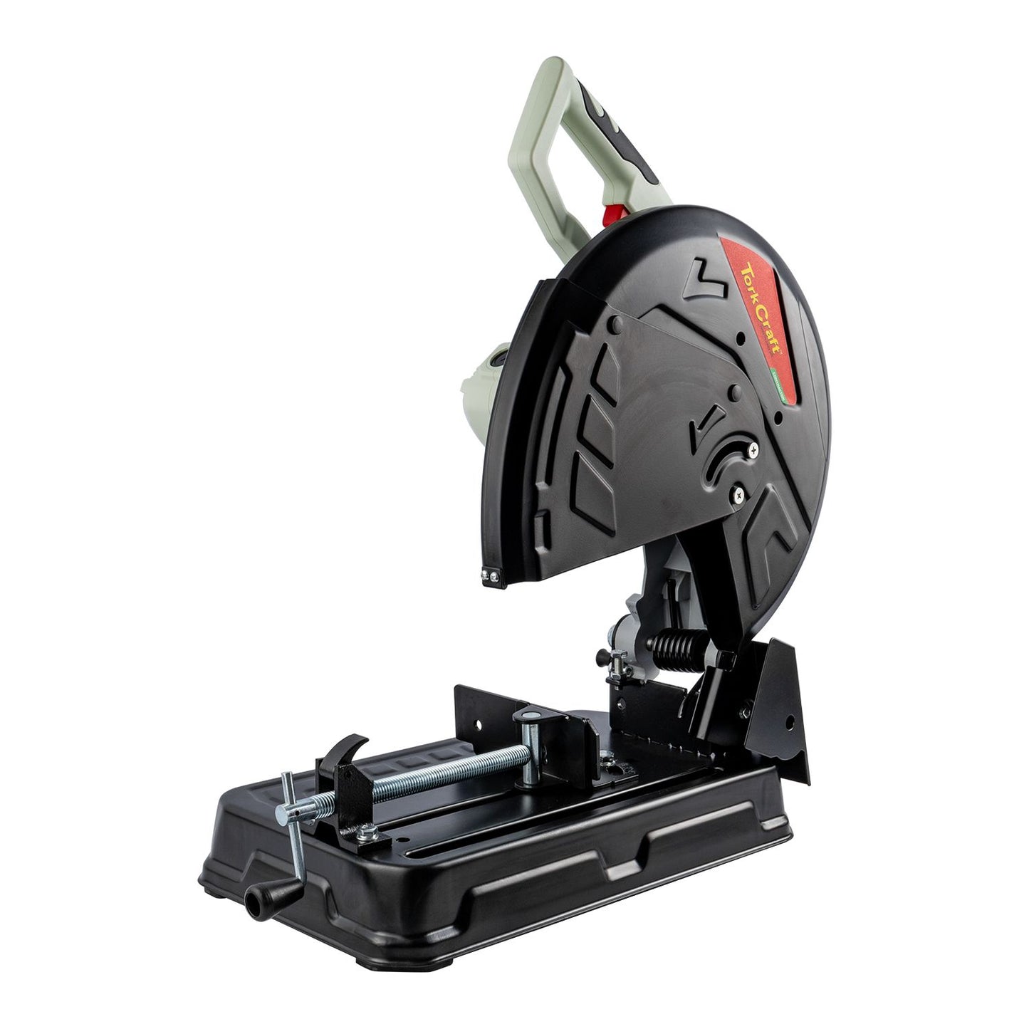 Cut-off saw with black base, circular blade, and front guard