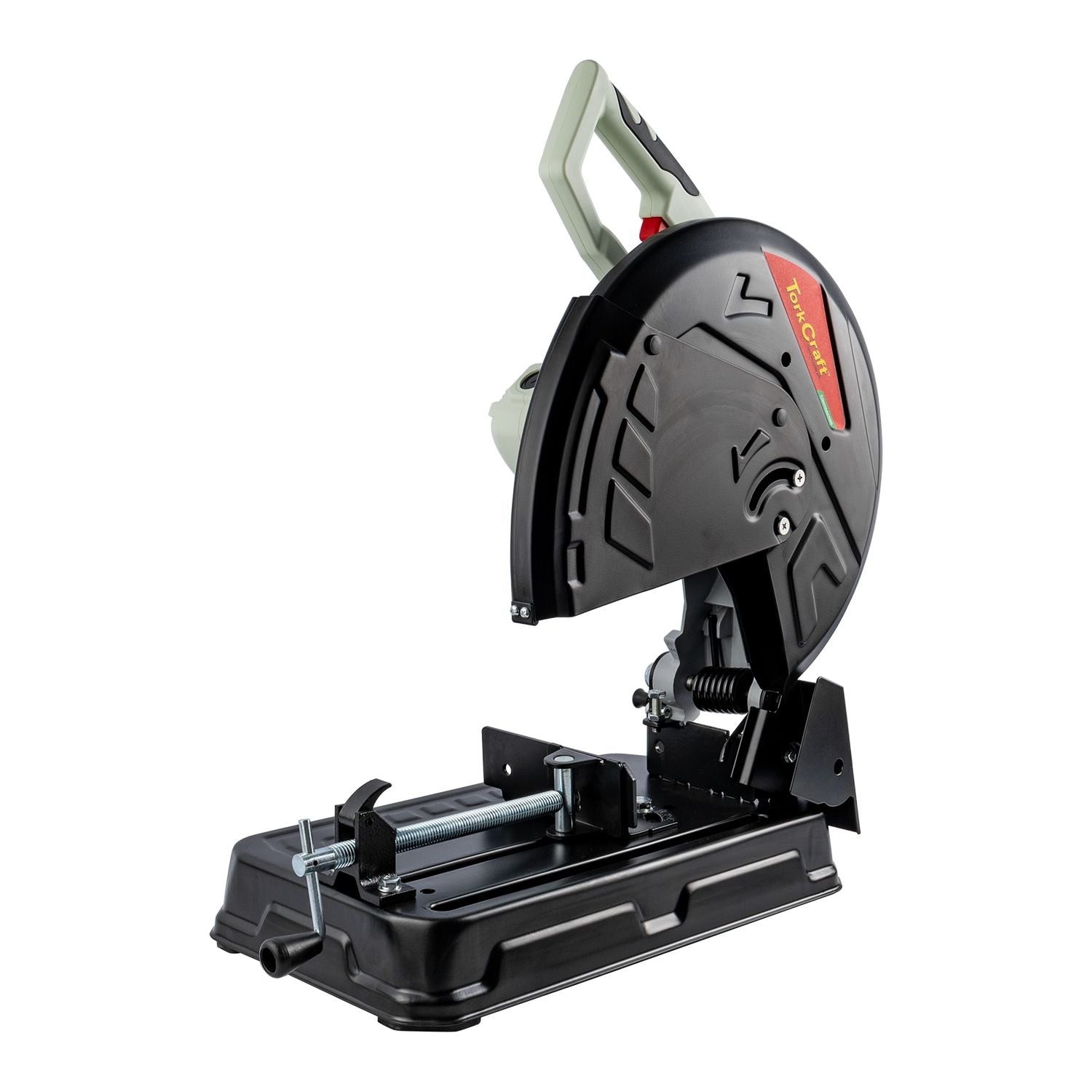 Cut-off saw with black base, circular blade, and front guard