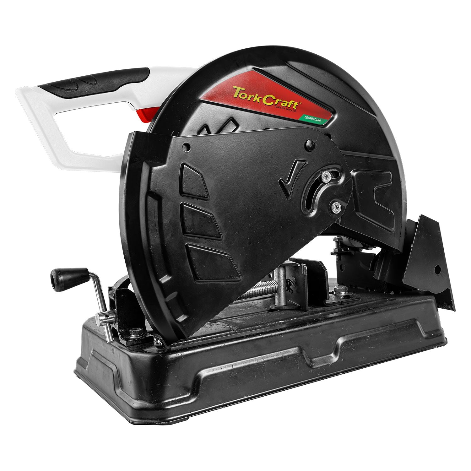 Cut-off saw with Tork Craft logo, black blade guard, and side handle