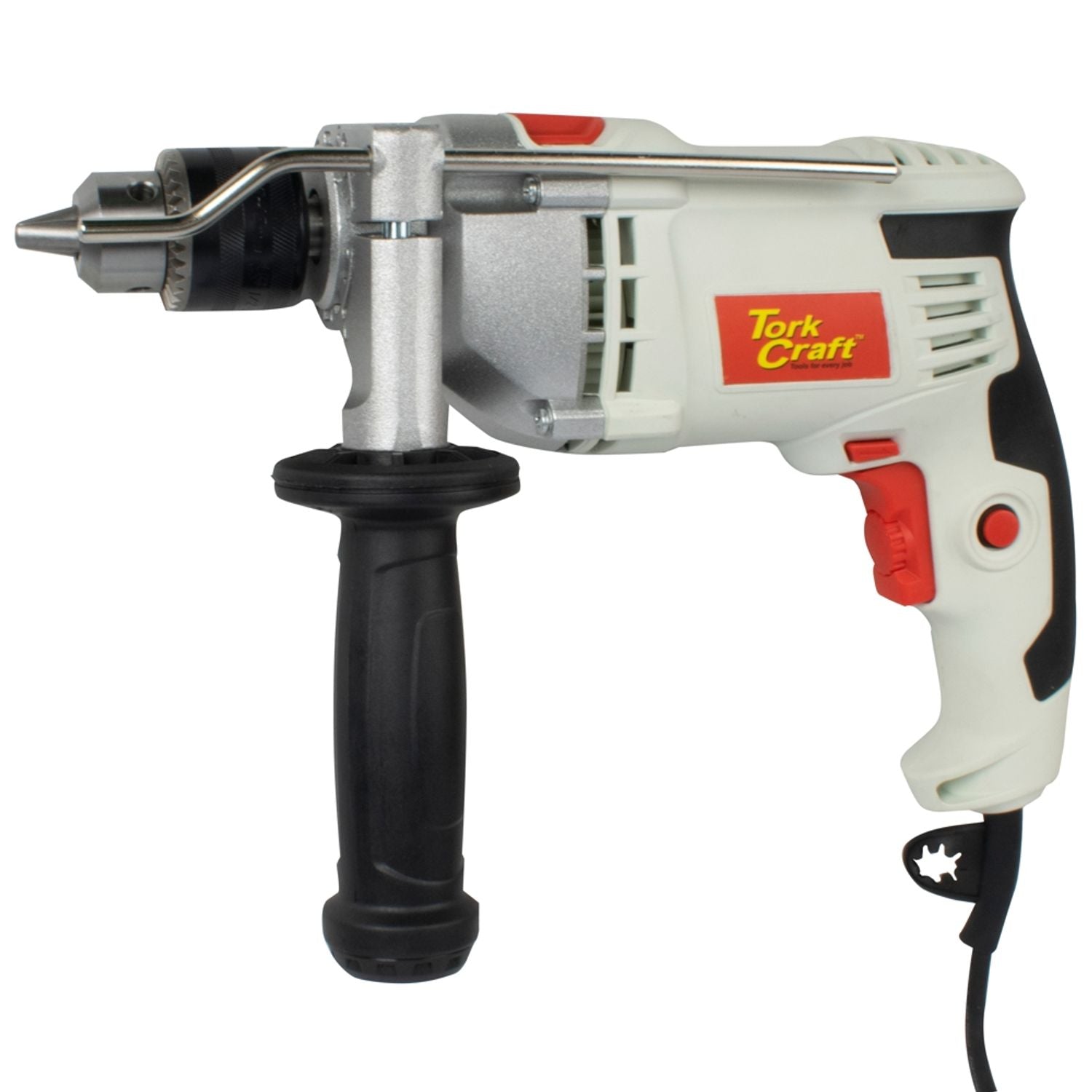 Tork Craft impact drill with side handle, white and red body, black grip, corded