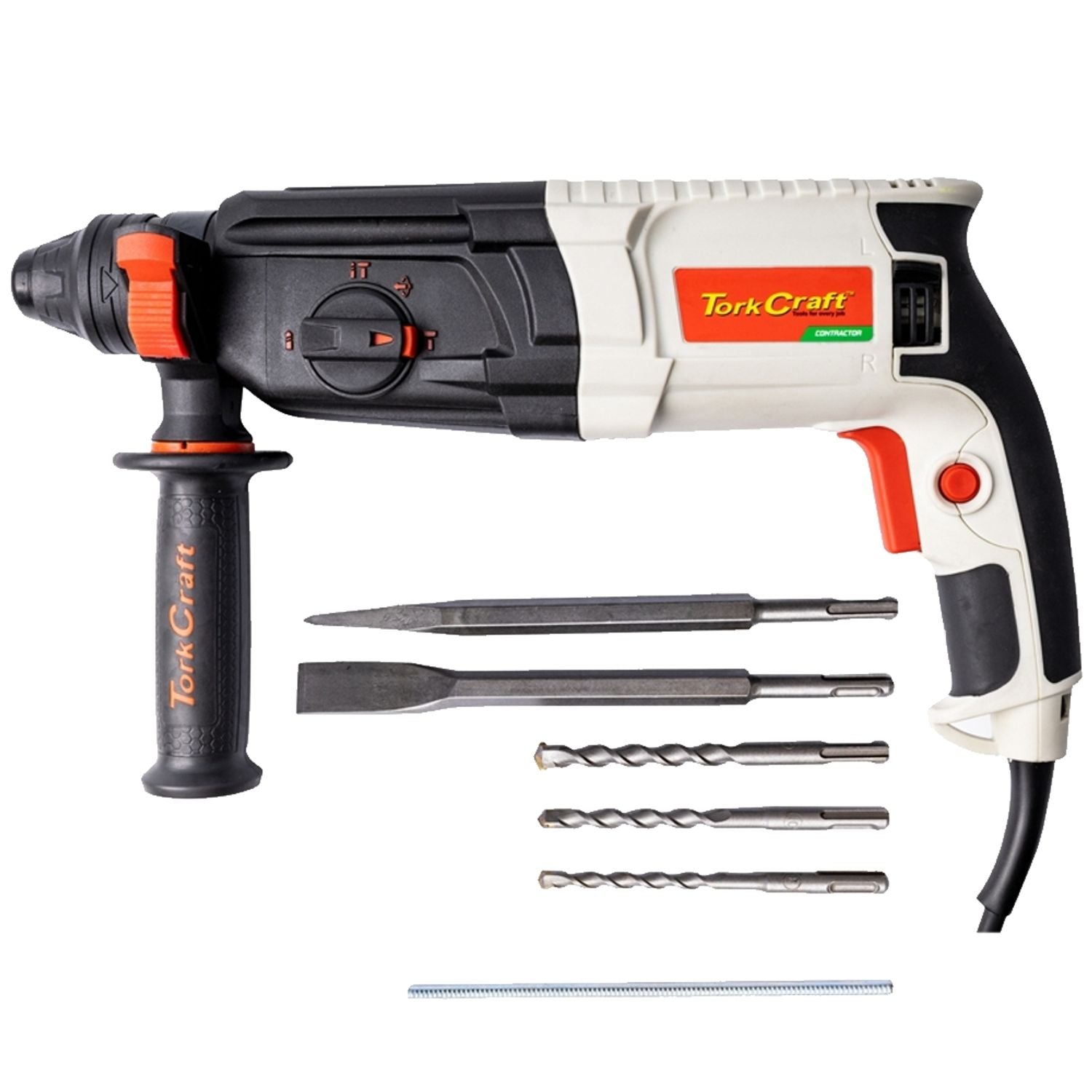 Rotary hammer drill with SDS-Plus chuck, side handle, and bit set, orange and black.