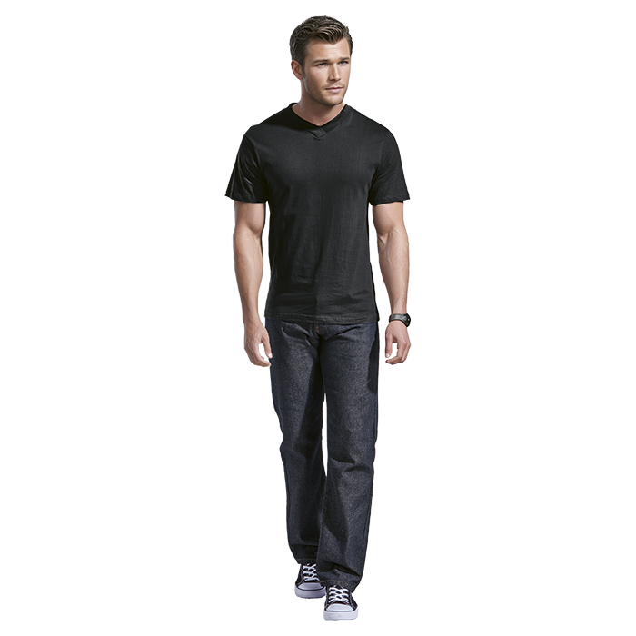 Black V-neck t-shirt, short sleeves, straight hem