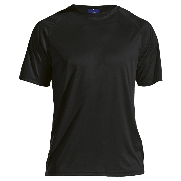 Black polyester T-shirt with crew neck and short sleeves