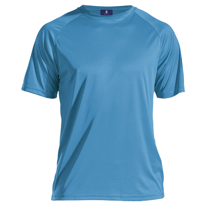 Blue polyester T-shirt with crew neck and short sleeves
