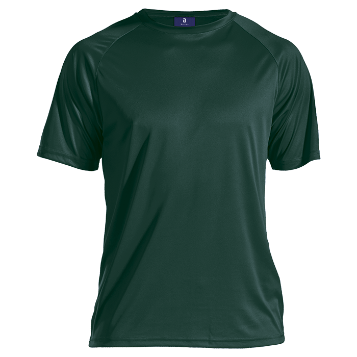 Dark green polyester T-shirt with crew neck and short sleeves