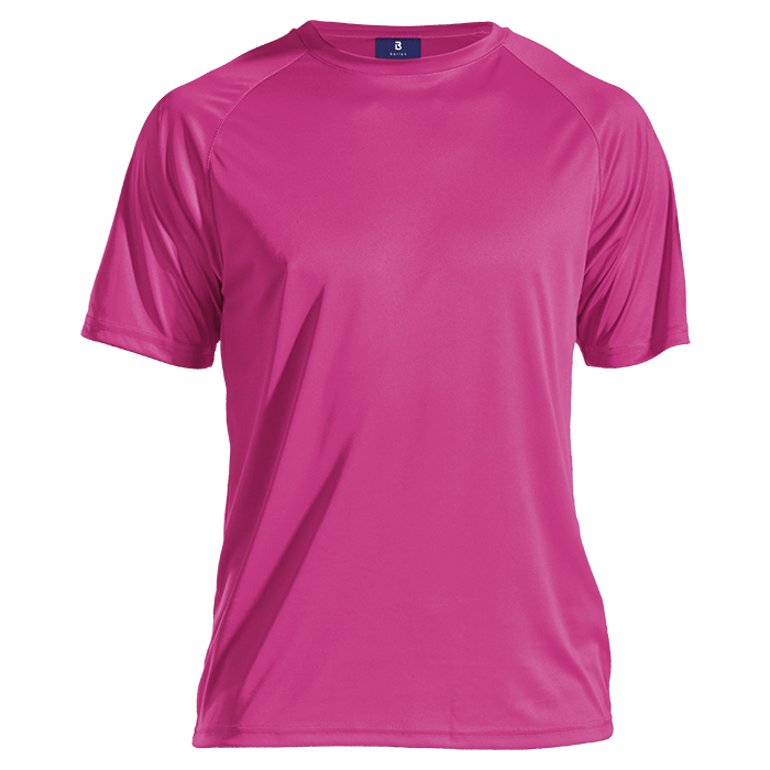Bright pink polyester T-shirt with crew neck and short sleeves