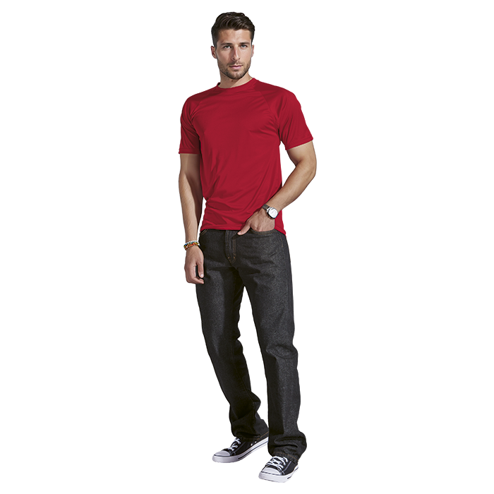 Red polyester T-shirt with crew neck and short sleeves