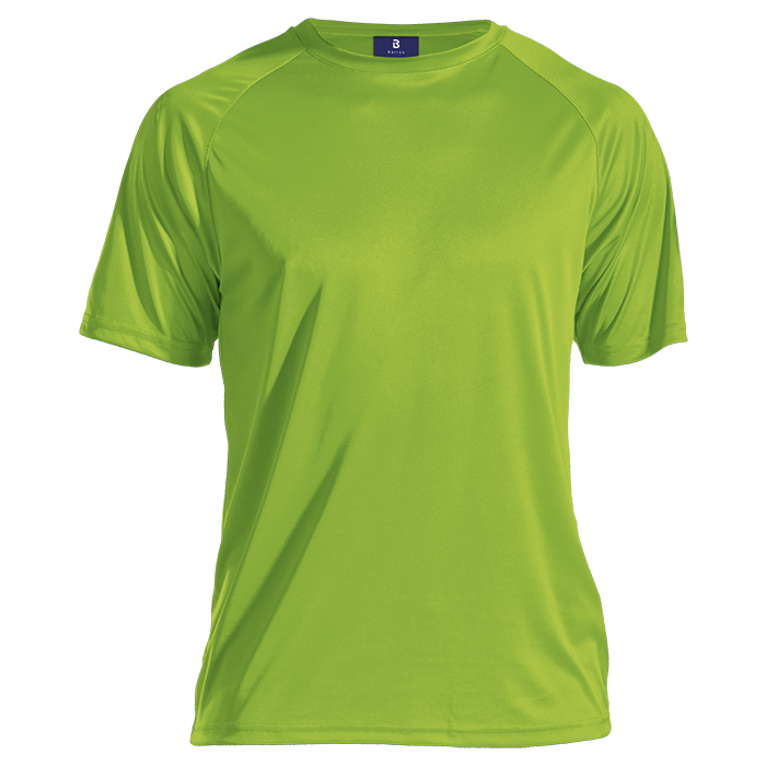 Lime green polyester T-shirt with crew neck and short sleeves