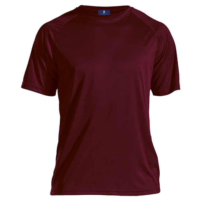 Maroon polyester T-shirt with crew neck and short sleeves