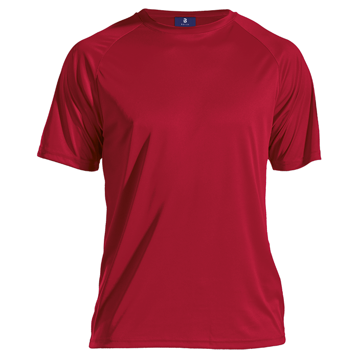 Red polyester T-shirt with crew neck and short sleeves