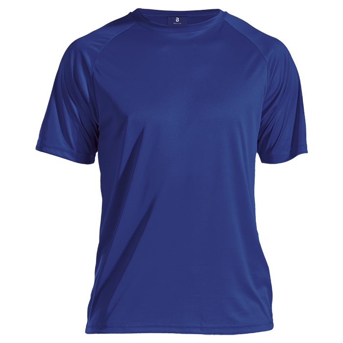 Blue polyester T-shirt with crew neck and short raglan sleeves