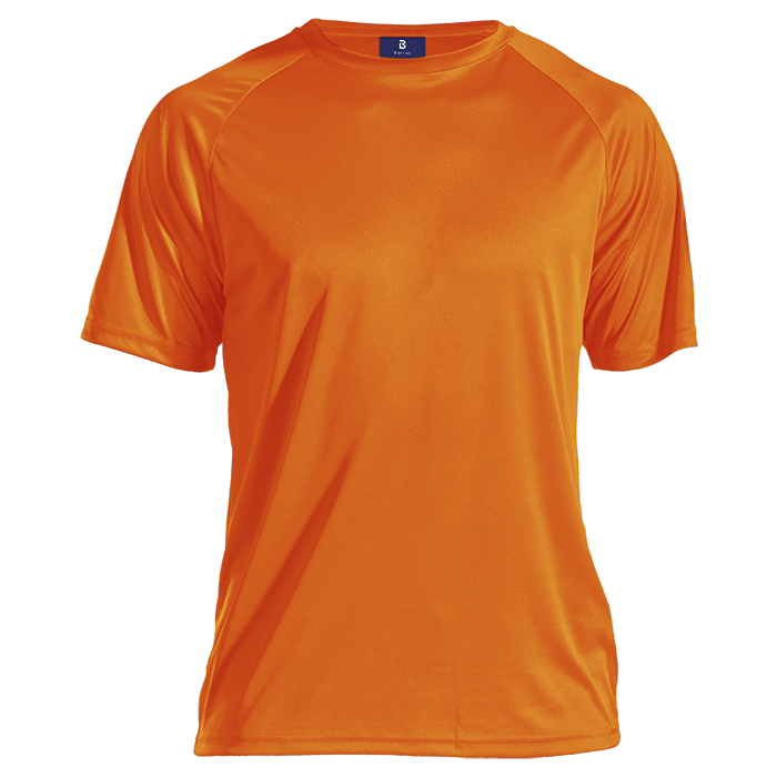 Orange polyester T-shirt with crew neck and short sleeves
