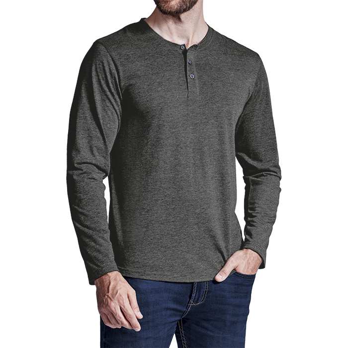 Men's charcoal henley long-sleeve T-shirt with three-button placket