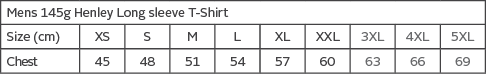 Size chart for men's 145g henley long-sleeve T-shirt, chest measurements (cm)
