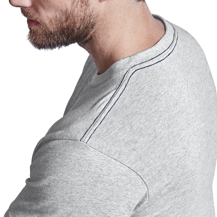 Heather gray crew neck T-shirt close-up of ribbed collar and seams